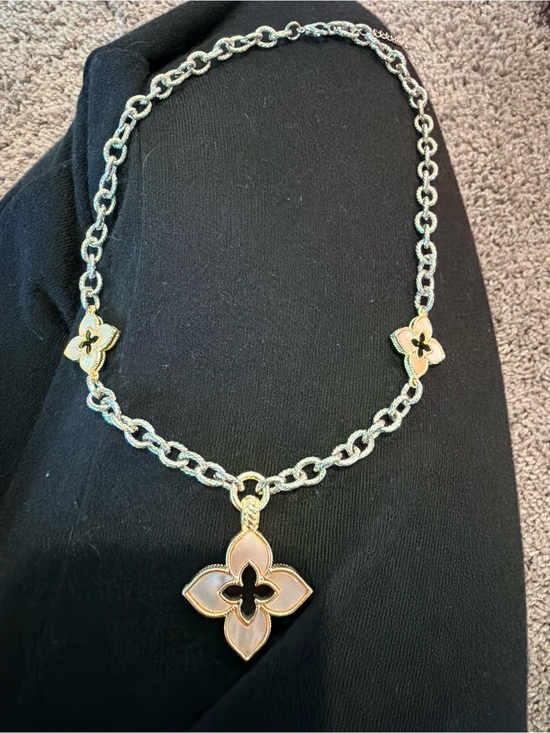 Jewelry - Fashion Designer Inspired Two-Tone Necklace with Iridescent Floral Pendant